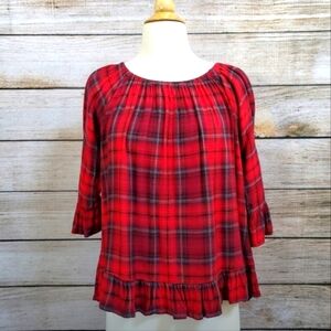 For The Republic Top Red Plaid SAKS 5TH Flowy Peplum Blouse Peasant Off Shoulder